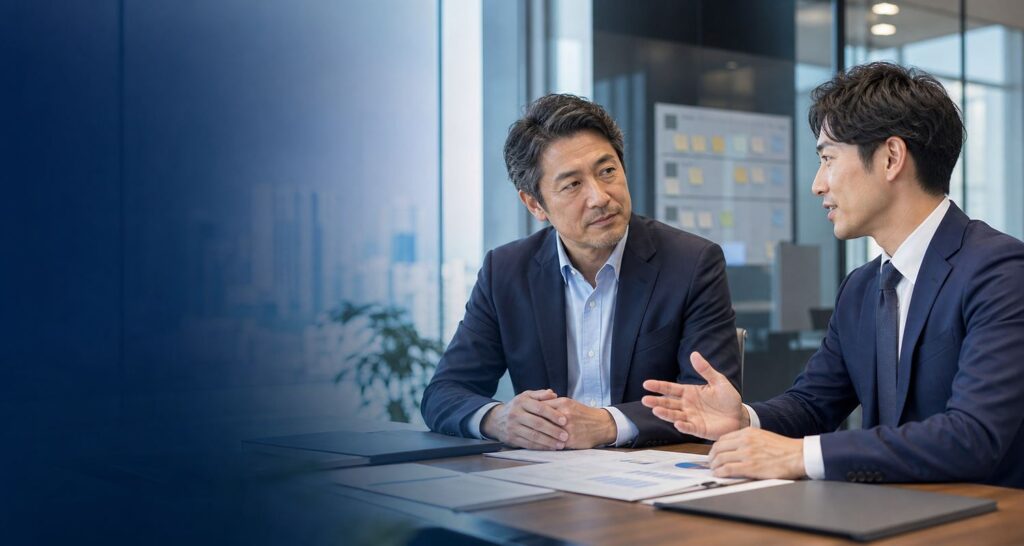 人材派遣会社の承継相談を行う経営者とM&Aアドバイザー