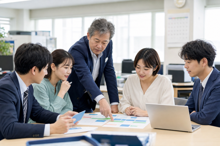 人材派遣会社の企業価値を整理する経営者とスタッフチーム