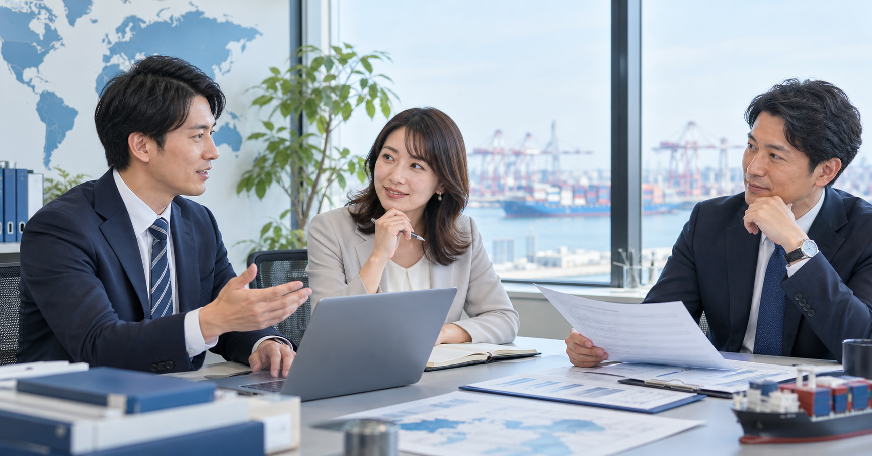 貿易事務派遣会社のM&Aで港を背景に専門人材と事業承継計画を確認する経営者