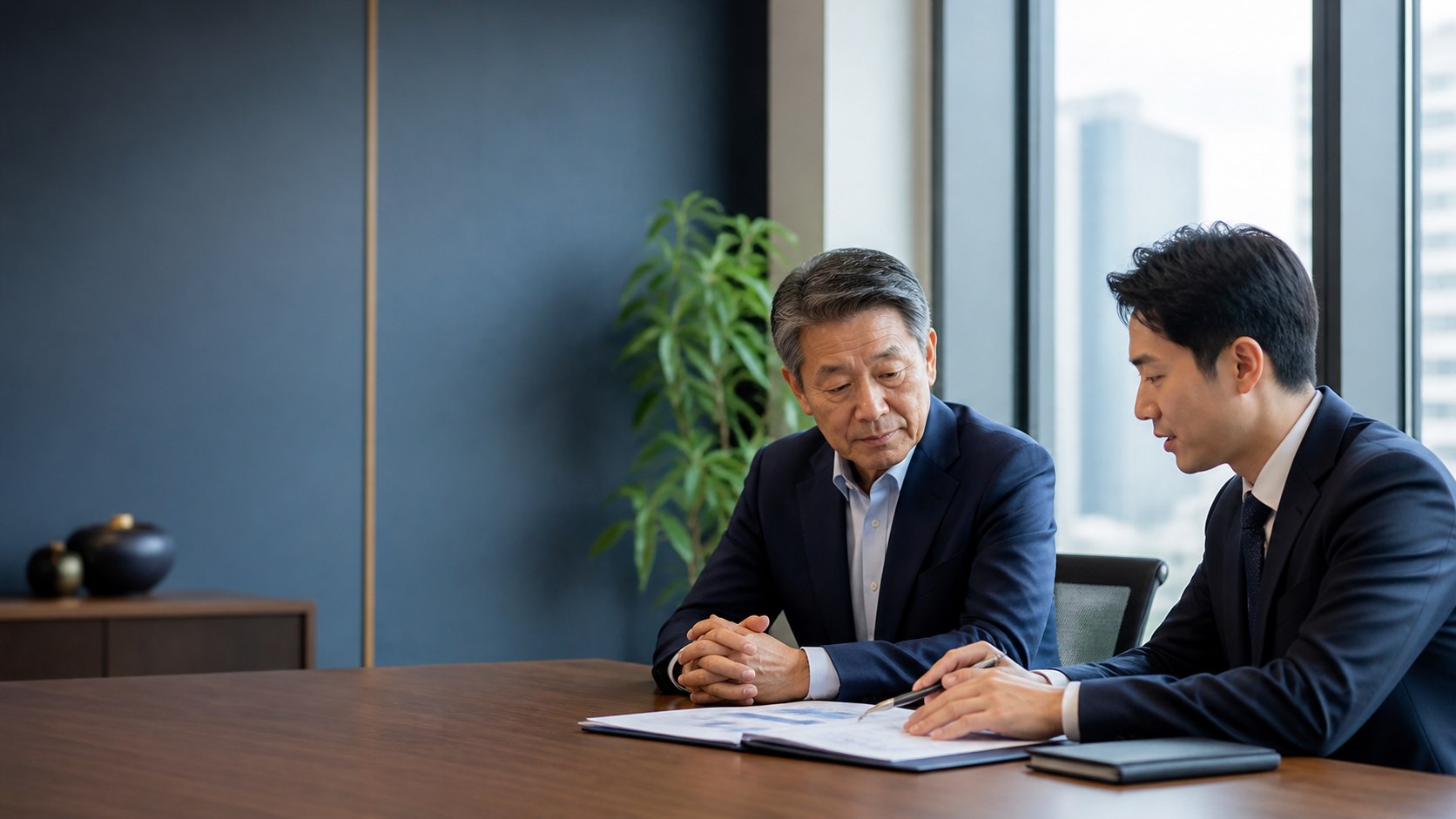 人材派遣会社の経営者とM&Aアドバイザーが事業承継を相談するイメージ