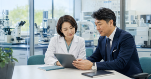 研究開発・実験職派遣会社のM&Aで研究施設の人材と事業承継計画を確認する担当者