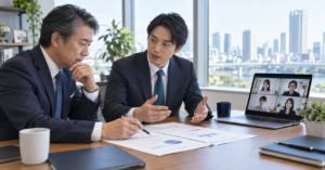 在宅勤務・テレワーク派遣会社のM&Aでオンライン会議と事業承継計画を確認する経営者